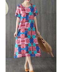 Modern blue prints cotton linen clothes For Women short sleeve wild long summer Dresses