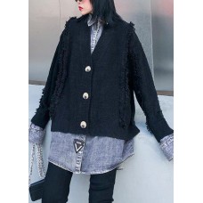 For Spring black knit cardigans oversize knitwear lapel patchwork tops