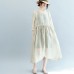 baggy off white Midi linen silk blended dresses Loose fitting casual dress fine tie waist long sleeve o neck baggy dresses