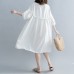 fashion white cotton linen knee dress plus size clothing cotton linen clothing dresses New lantern sleeve Cinched o neck baggy dresses