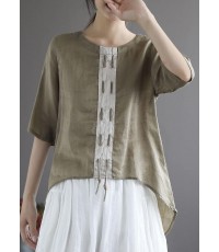 Khaki low high design Design Patchwork Summer Linen Shirt Tops