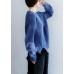 Oversized blue knit blouse open hem Loose fitting knit tops
