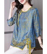 French Blue O-Neck Asymmetrical Jacquard Silk Top Half Sleeve