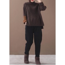 Women brown knit tops patchwork sleeve casual high neck sweaters