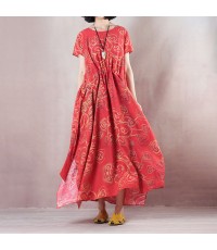 stylish red linen maxi dress casual O neck print traveling clothing women short sleeve baggy dresses linen caftans