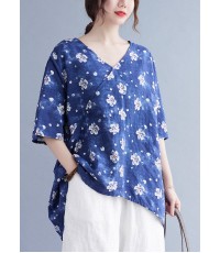 French Blue V Neck Print asymmetrical design Fall Half Sleeve Shirt Top