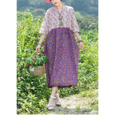 Modern purple patchwork Cotton clothes v neck Plus Size summer floral Dresses