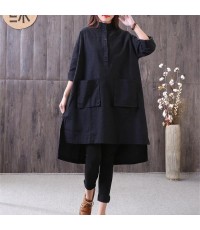 New cotton linen blouse Loose fitting Loose Irregular Stand Collar Long Sleeve Black Shirt