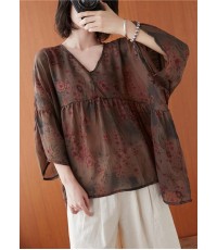 Natural floral clothes For Women v neck asymmetric summer blouses