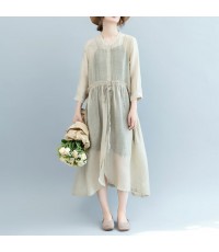 baggy off white Midi linen silk blended dresses Loose fitting casual dress fine tie waist long sleeve o neck baggy dresses