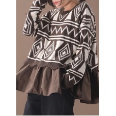 Comfy brown Sweater Blouse patchwork casual Geometry knit tops