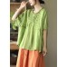 Women Green Floral Draped Ramie O-neck Embroidered Split T-shirt