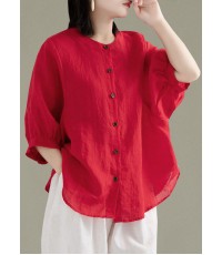 Art Red O-Neck Button Linen Loose Shirt Top Lantern Sleeve