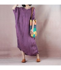 Fine purple long linen dresses oversize o neck asymmetrical design traveling clothing casual long sleeve baggy dresses