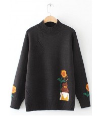 Women Black Sunflower Knitted Top High Neck Trendy Plus Size Sweaters