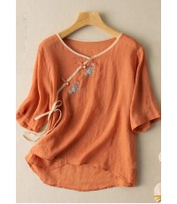 Women Orange V Neck tie waist Embroideried Linen Shirt Top Spring