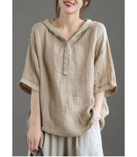 Khaki hooded Patchwork Summer Linen Blouses
