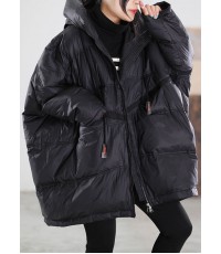 Women Black Hooded drawstring Duck Down Jacket Winter