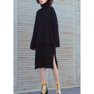 Set female 2019 large size turtleneck sweater suit skirt black two-piece long paragraph over the knee