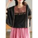 Black Vintage Embroidered Linen Women T-shirt