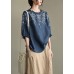 Handmade Navy lantern Sleeve Ruffled Summer Cotton Linen Shirt Tops