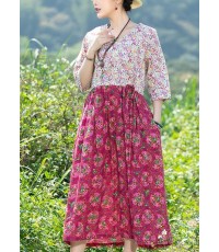 Women rose floral Cotton quilting dresses v neck Art summer Dresses