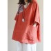 Bohemian Red V Neck Loose Pockets Fall Shirt Tops Half Sleeve